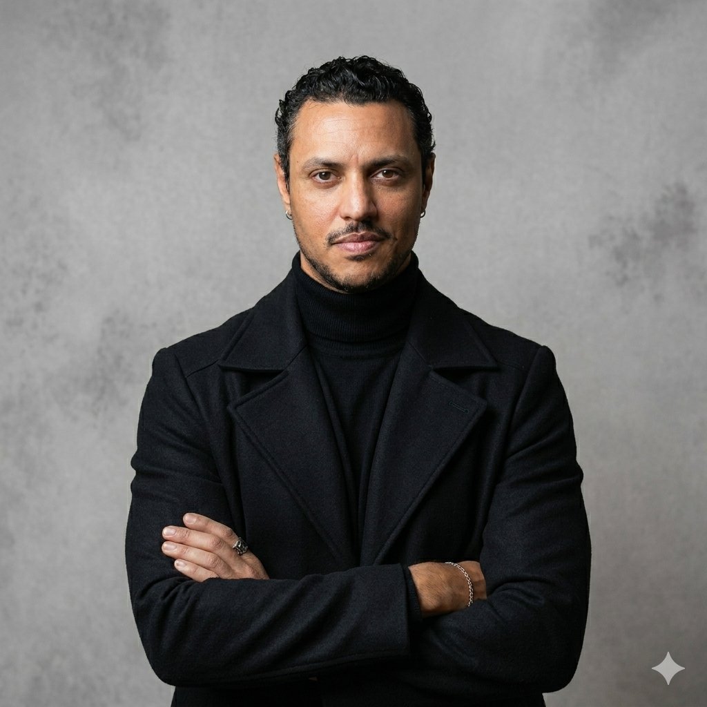 Retrato de estúdio de André Solano, estrategista de posicionamento de imagem, de braços cruzados, olhando para a câmera.